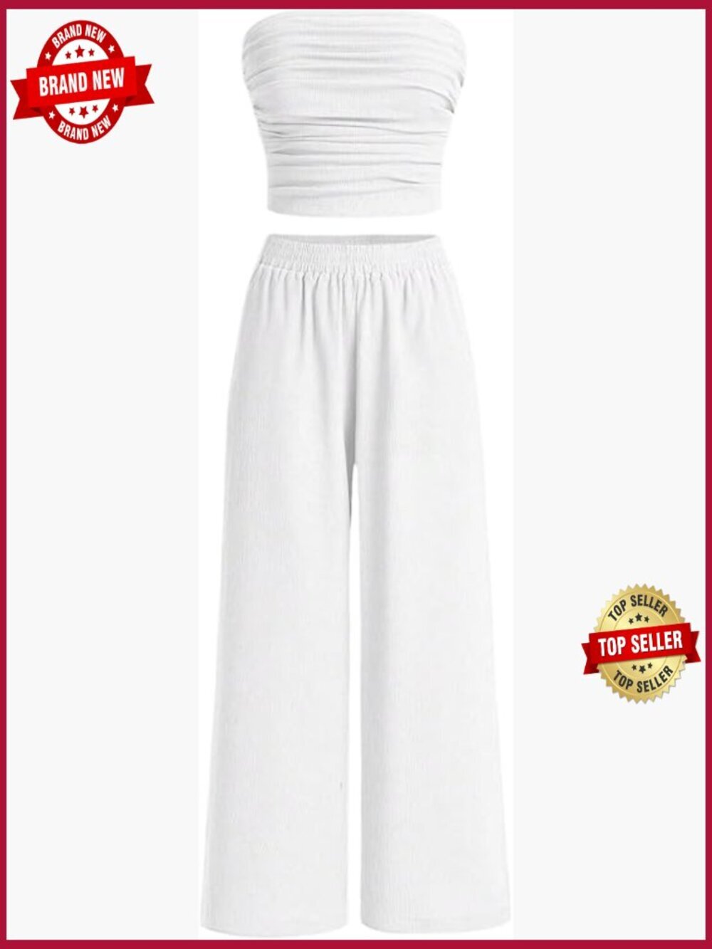 2 Piece Ruched Strapless Tube Top Wide Leg Pants Set